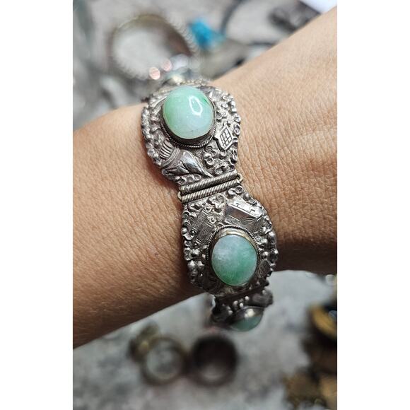 Vintage Chinese Export Silver Jadeite Bracelet Filigree Scrollwork Art Deco - Picture 8 of 8